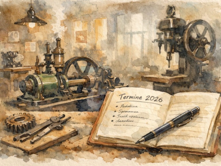 Historische Werkzeuge und ein Notizbuch mit der Aufschrift Termine 2026
